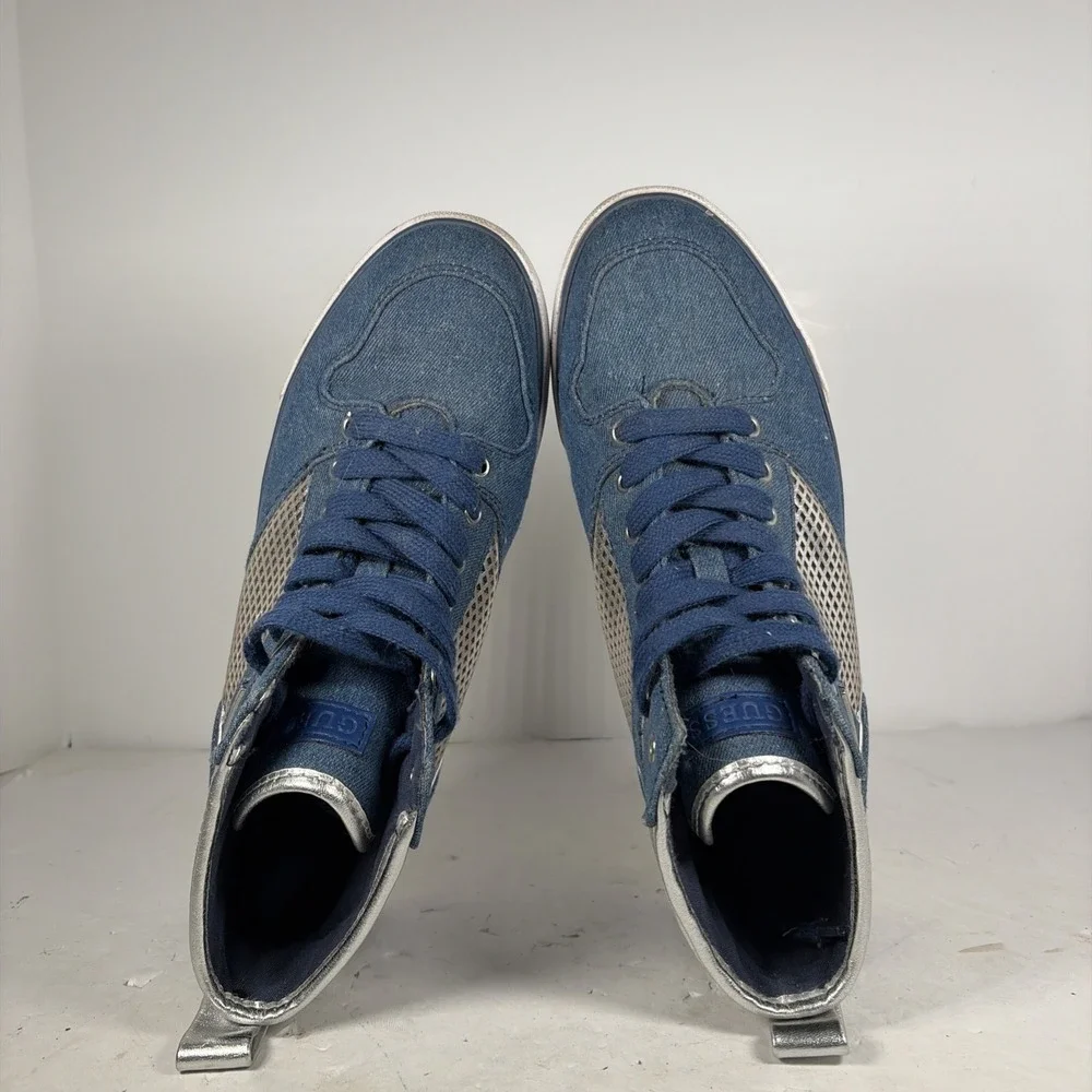 Size 9 M GUESS Krysta High Top Blue Denim‎ Silver Metallic Sneakers Y2K